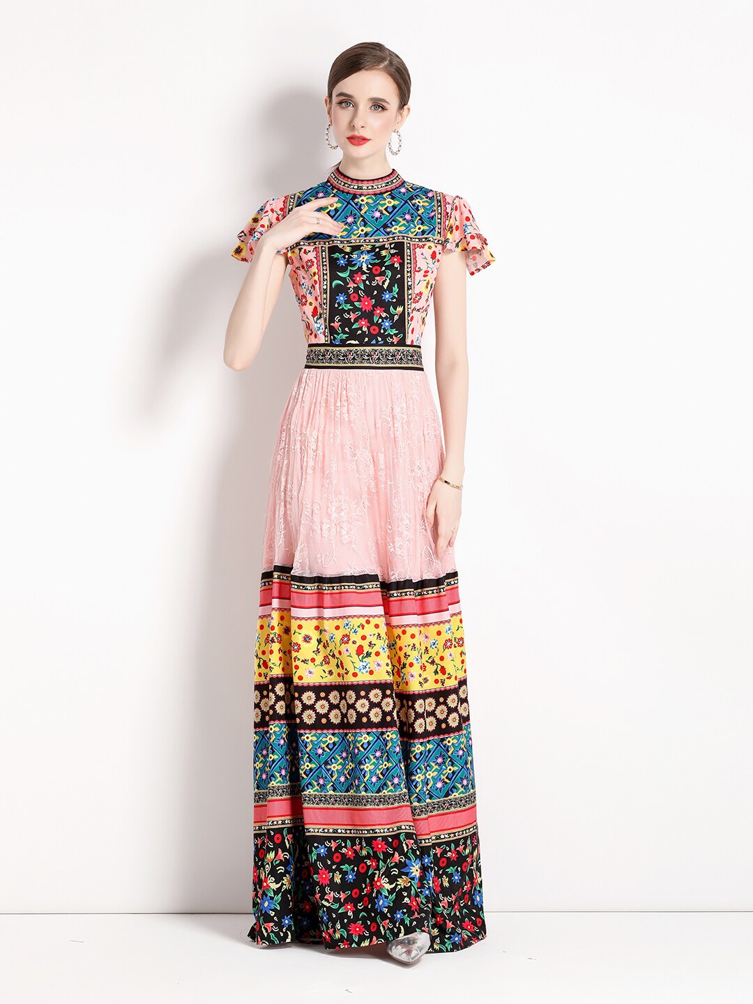 

JC Collection Floral Printed Flutter Sleeves A-line Maxi Dress, Pink
