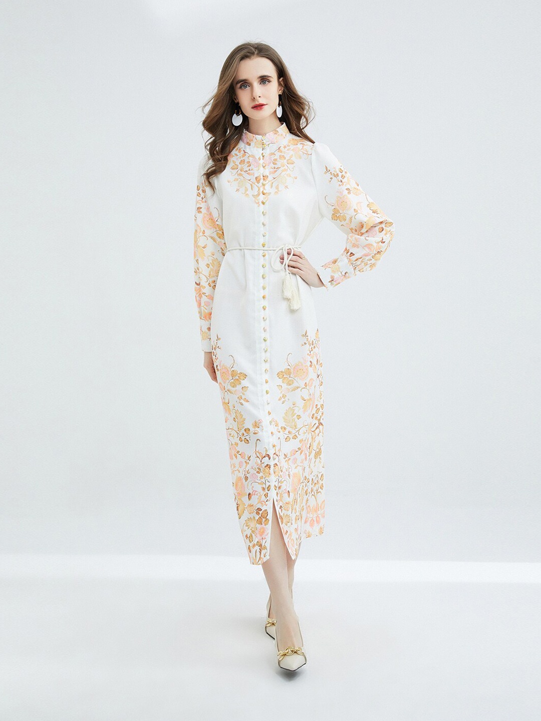 

JC Collection Floral Printed Cuffed Sleeves Tie-Ups Maxi Dress, Cream