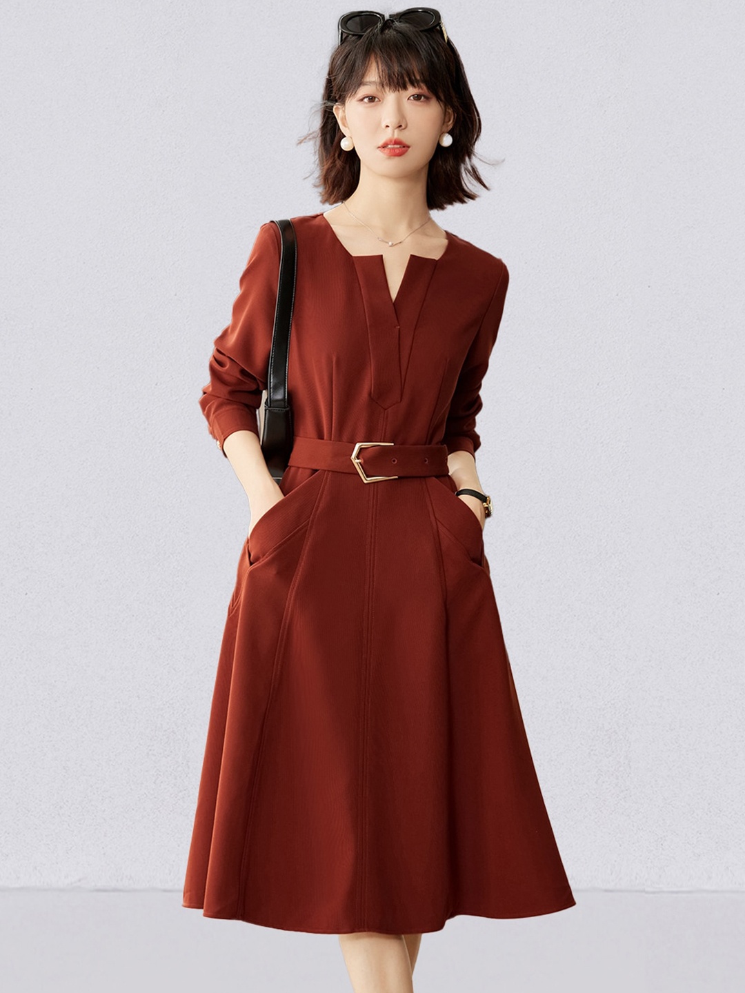 

JC Collection Fit & Flare Dress With Belt, Maroon