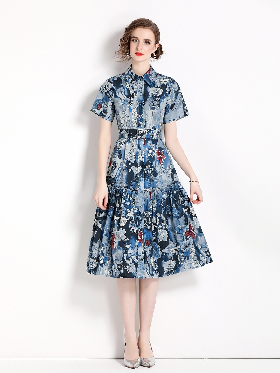 

JC Collection Floral Printed Shirt Midi Dress With Belt, Blue