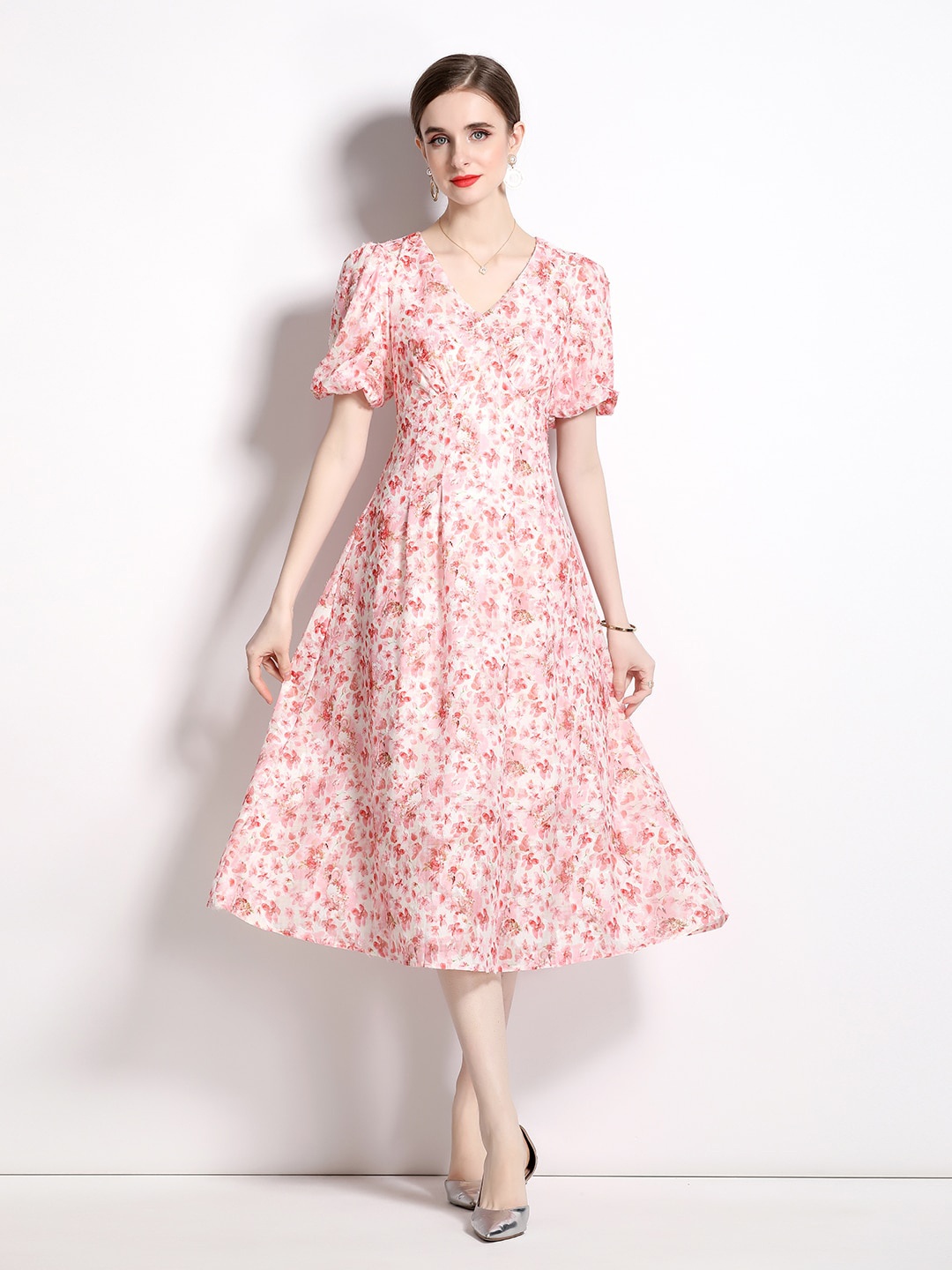 

JC Collection Floral Printed Flared Sleeves Fit & Flare Midi Dress, Pink