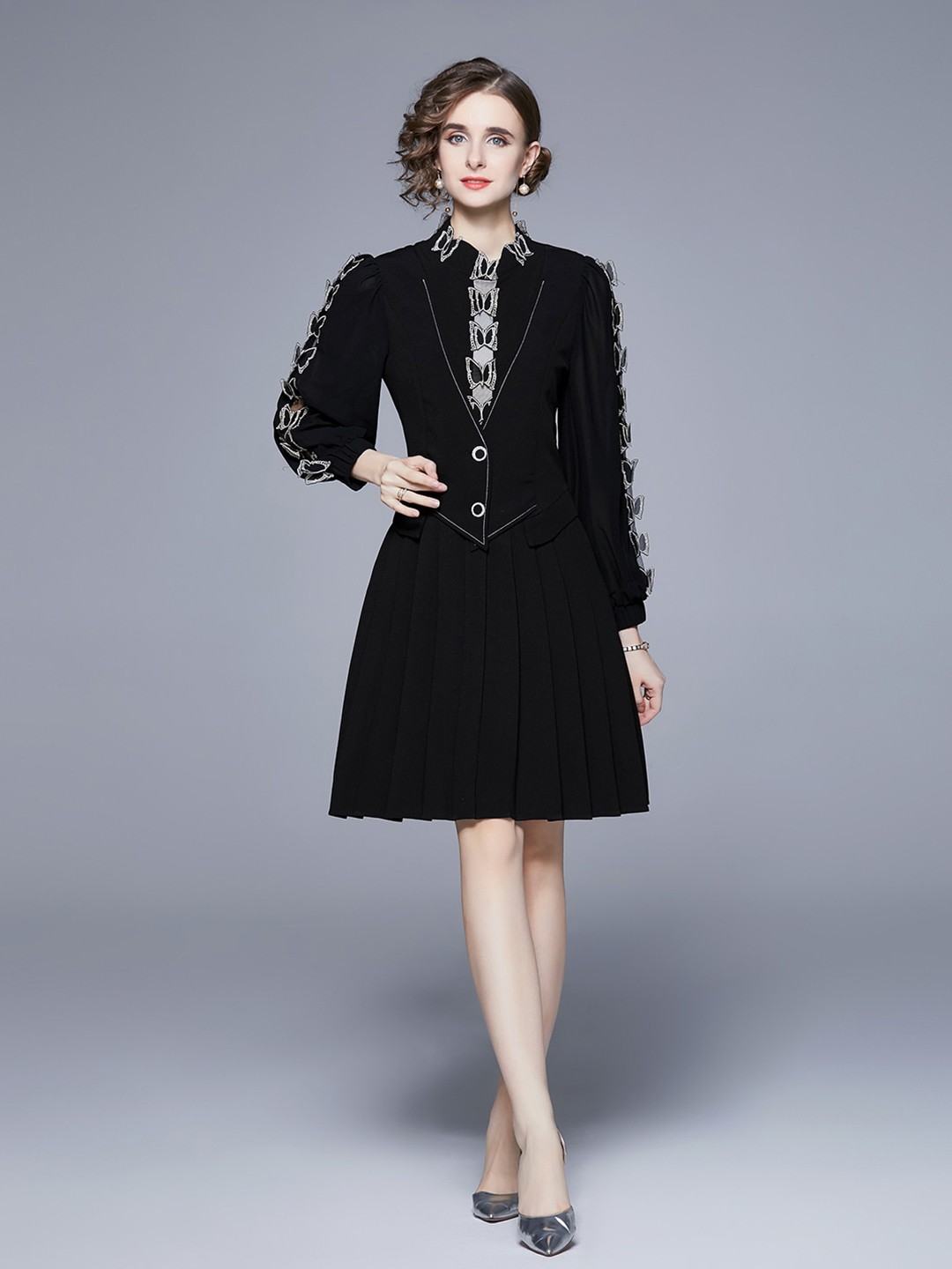 

JC Collection Pleated Fit & Flare Dress With Butterfly Design, Black