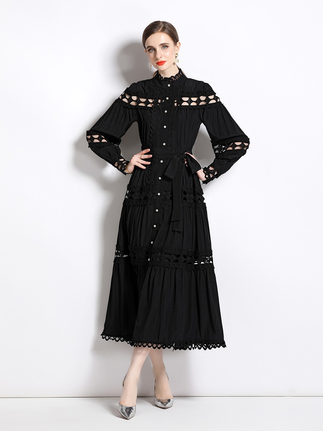 

JC Collection Mandarin Collar Cuffed Sleeves Midi Dress, Black