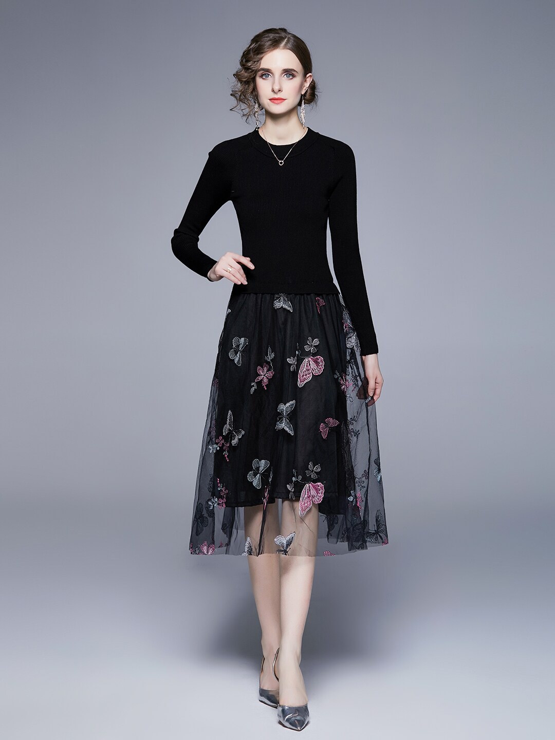

JC Collection Embroidered Round Neck Fit & Flare Midi Dress, Black