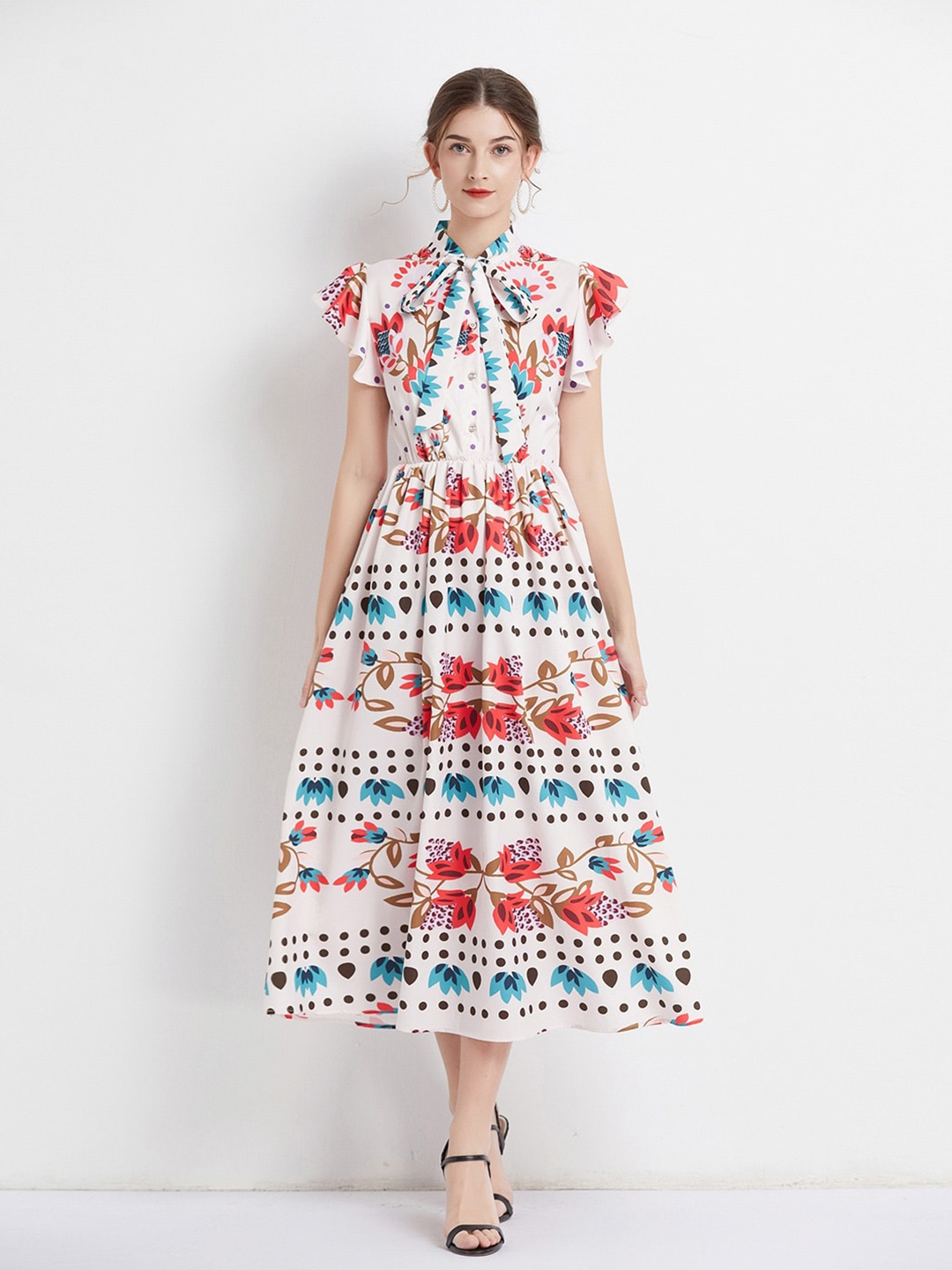

JC Collection Floral Printed Tie-Up Neck Fit & Flare Midi Dress, White