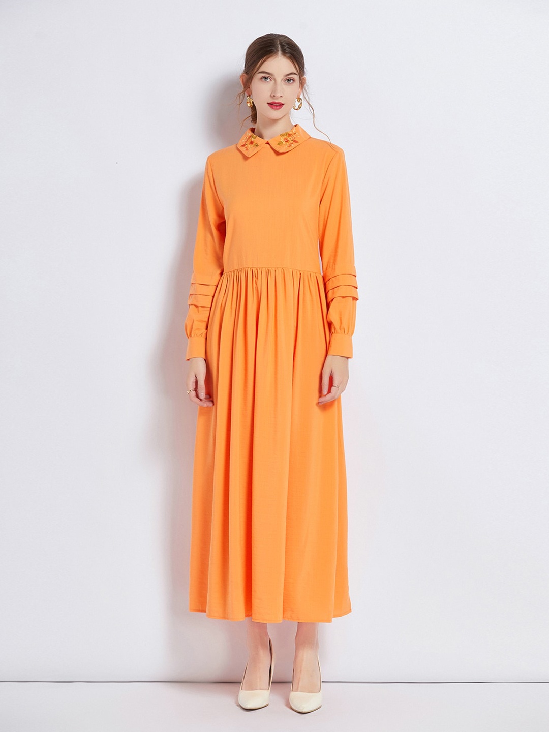 

JC Collection Shirt Collar Embroidered Detail A-line Maxi Dress, Orange