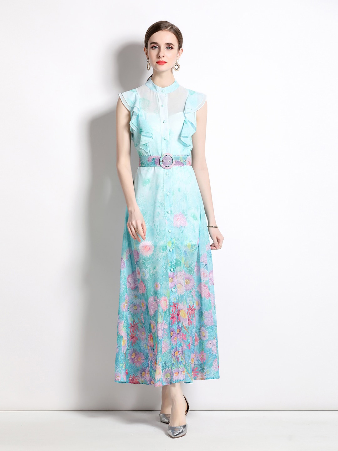 

JC Collection Floral Printed Maxi A-Line Dress With Belt, Blue