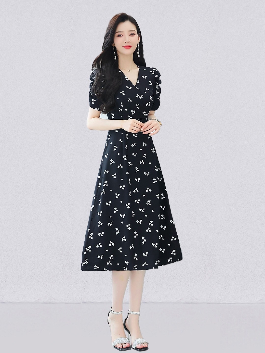 

JC Collection Floral Printed Fit & Flare Midi Dress, Black