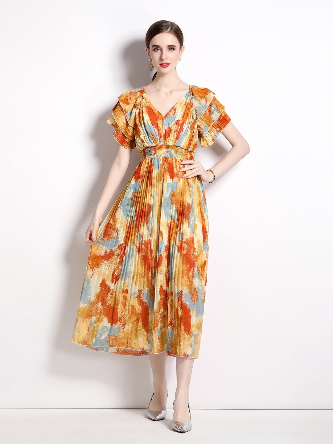 

JC Collection Abstract Print Flared Sleeve Fit & Flare Midi Dress, Yellow