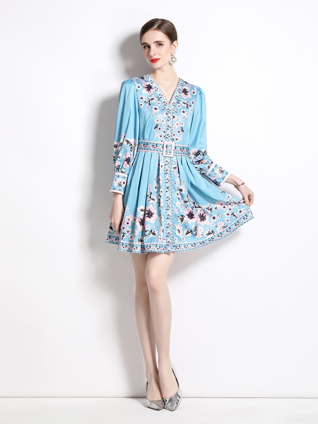 

JC Collection Floral Printed Cuffed Sleeves Belted Fit & Flare Dress, Blue