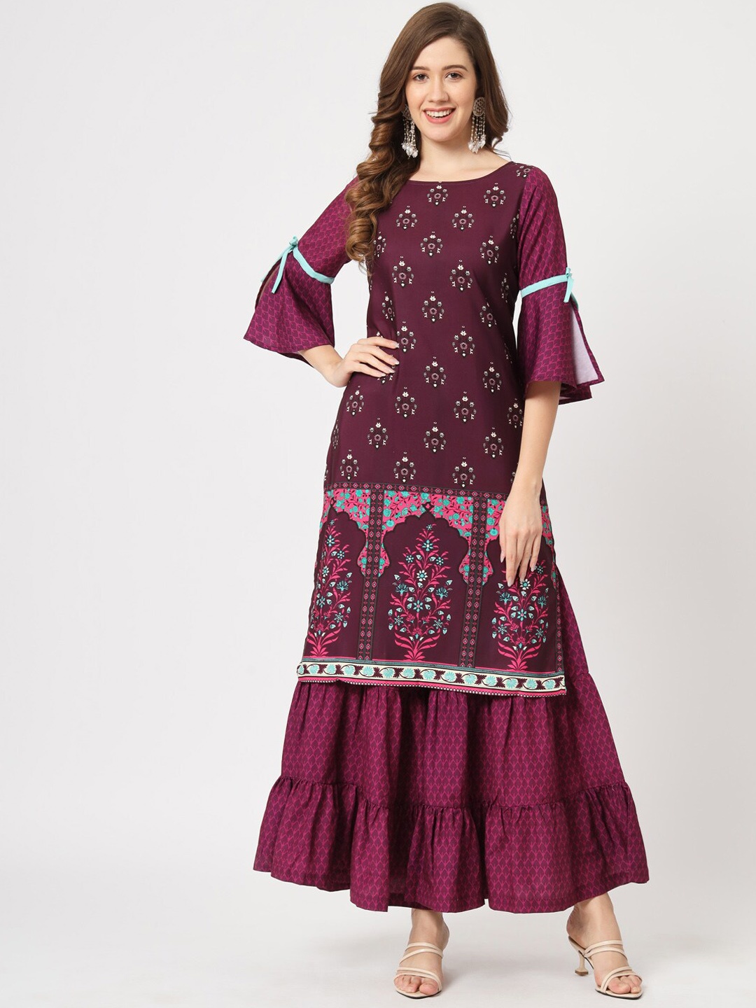 

Pannkh Ethnic Motifs Printed Regular Kurta With Sharara, Burgundy