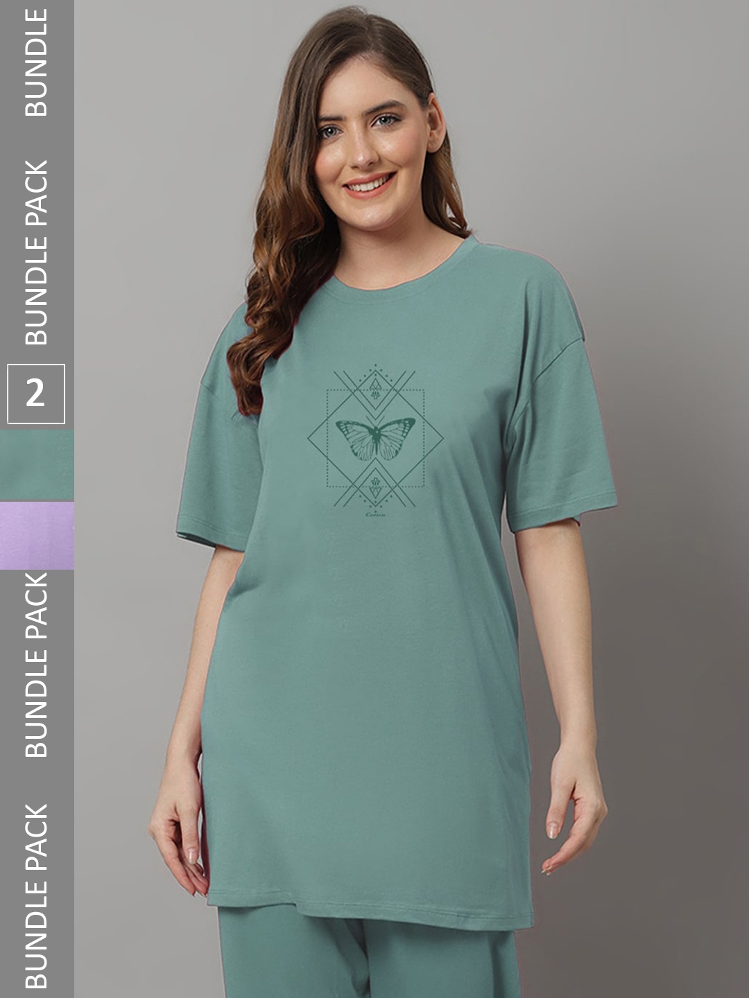 

Kanvin Violet & Green Pack Of 2 Printed Drop Shoulder Sleeves Oversized Longline T-shirts