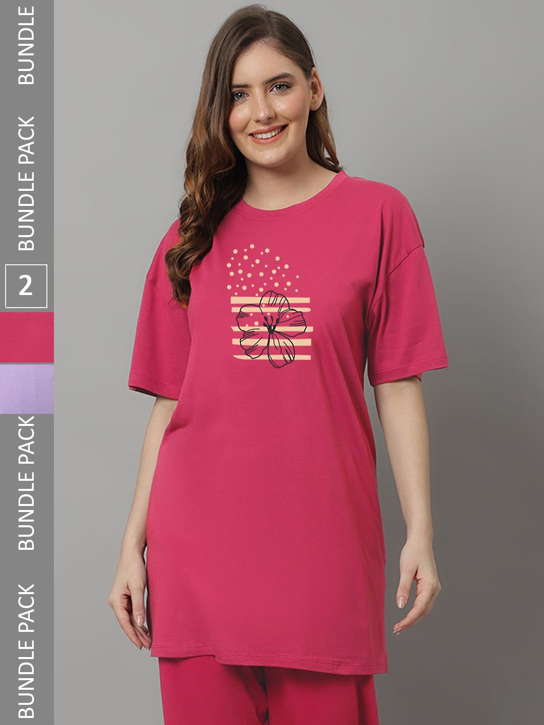 

Kanvin Pack of 2 Graphic Oversized Model Longline T-shirt, Violet