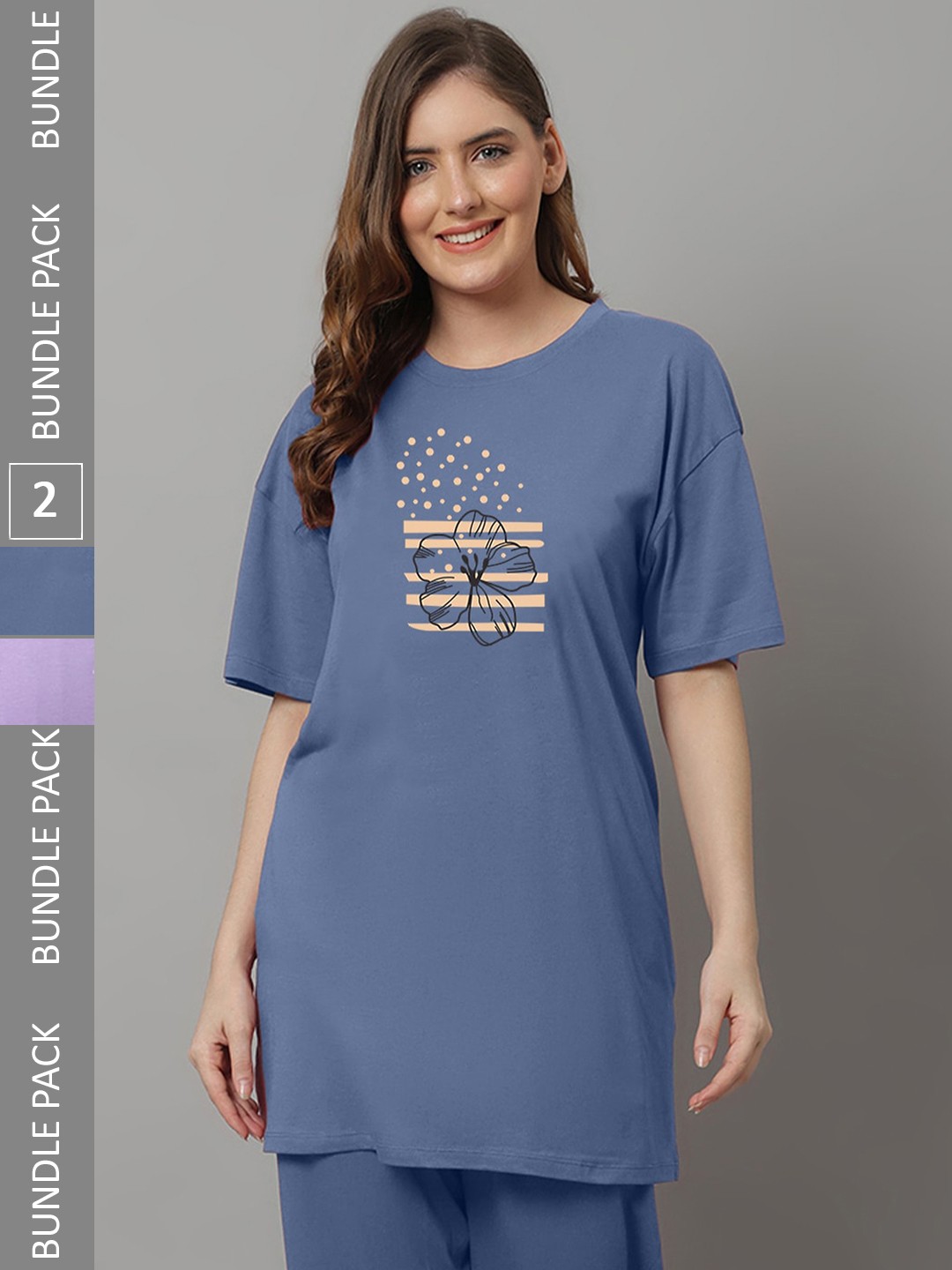 

Kanvin Pack of 2 Purple & Blue Floral Printed Oversized Longline T-shirt