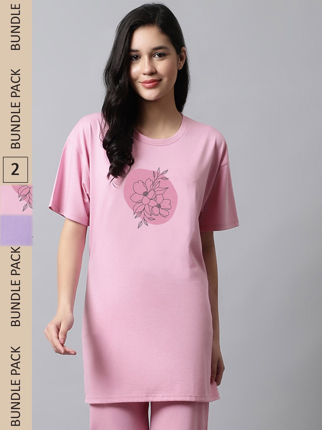 

Kanvin Pack Of 2 Voilet, Pink Printed Drop-Shoulder Sleeves Oversized Longline T-shirts, Violet