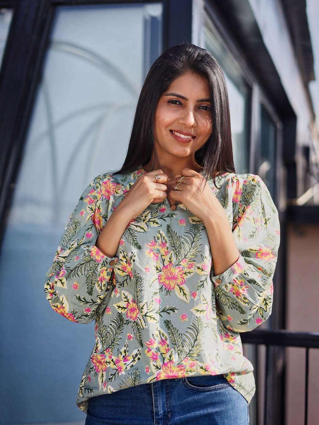 

Hatheli Floral Printed Cotton Shirt Style Top, Green