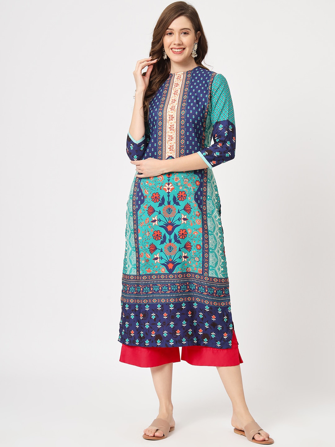 

Pannkh Ethnic Motifs Printed Straight Kurta, Navy blue