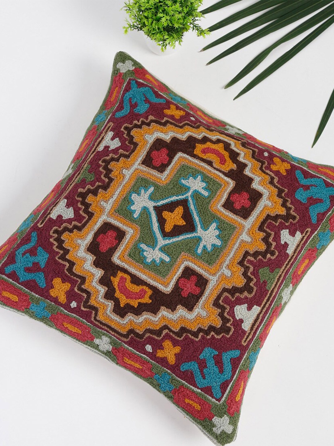 

Fabindia Red & Blue Embroidered Wool Square Cushion Cover