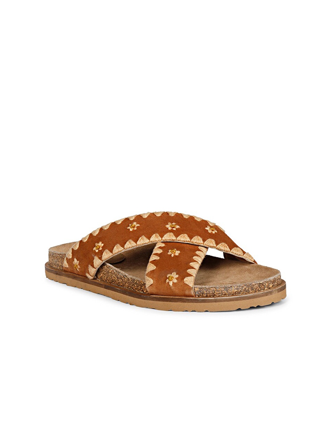 

Saint G Women Leather Cross Strap Open Toe Flats, Brown