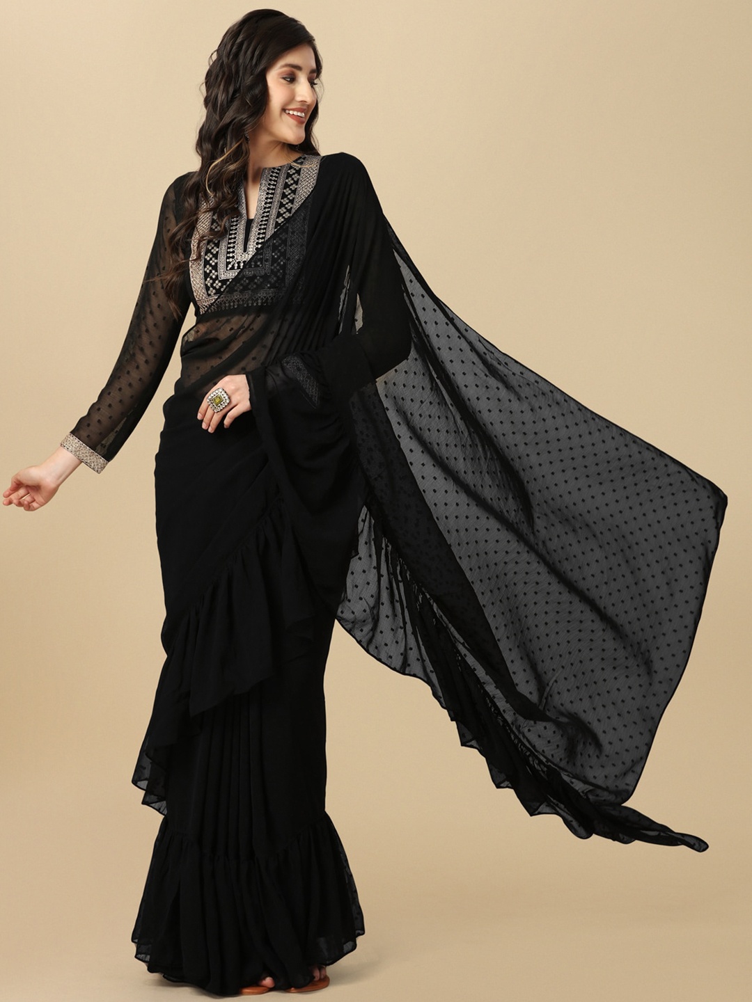 

Sangria Black Geometric Woven Design Saree