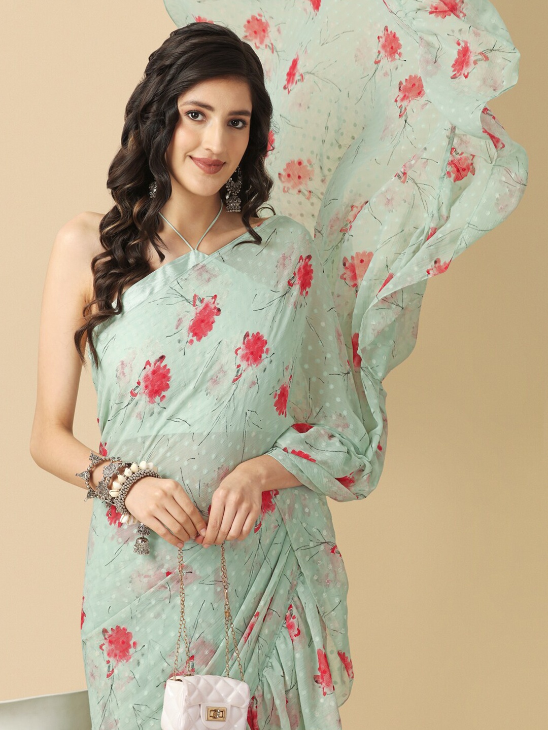 

Sangria Green Floral Printed Ruffle Saree