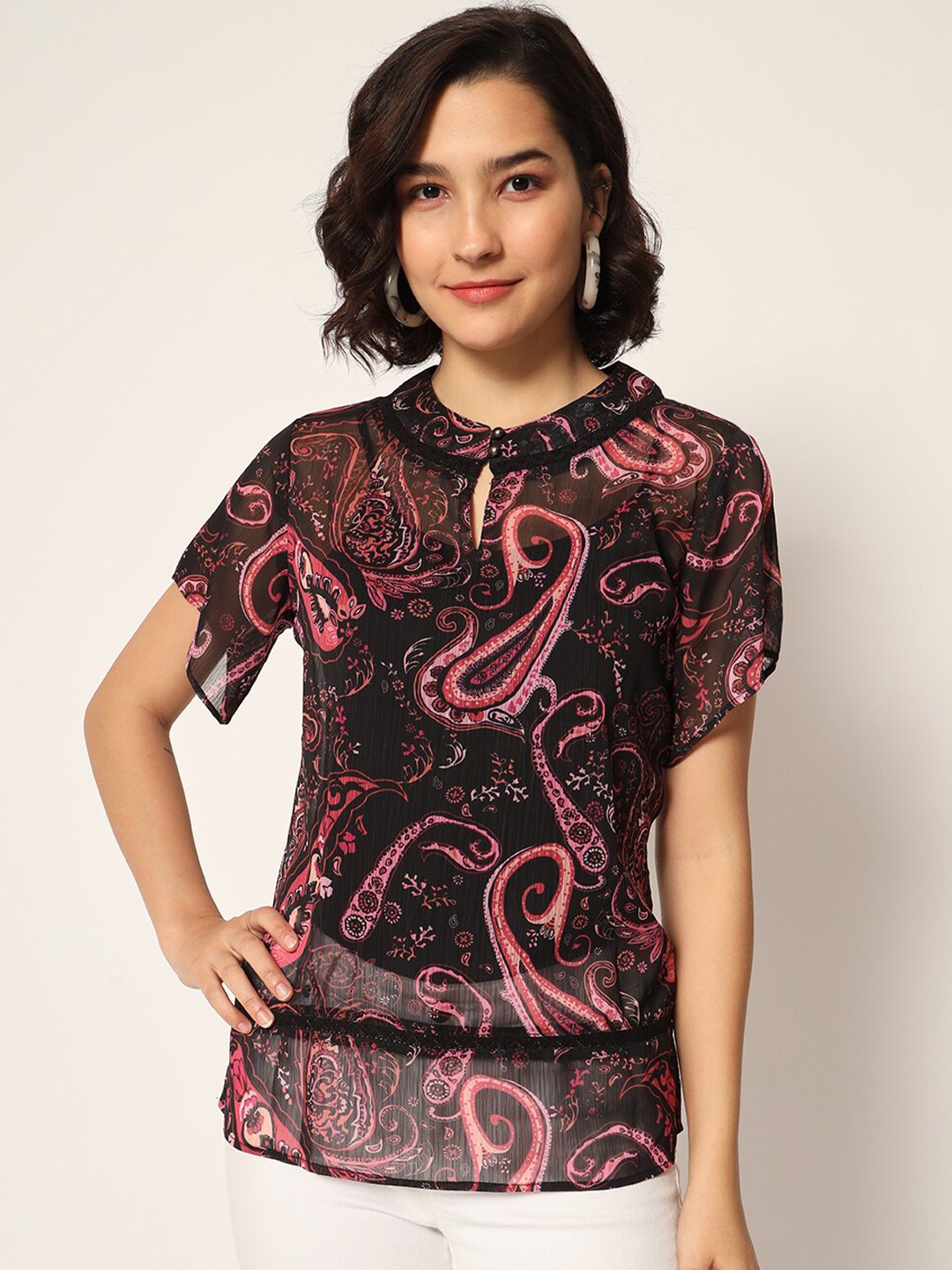 

CHARMGAL Paisley Printed Flared Sleeves Chiffon Top, Black