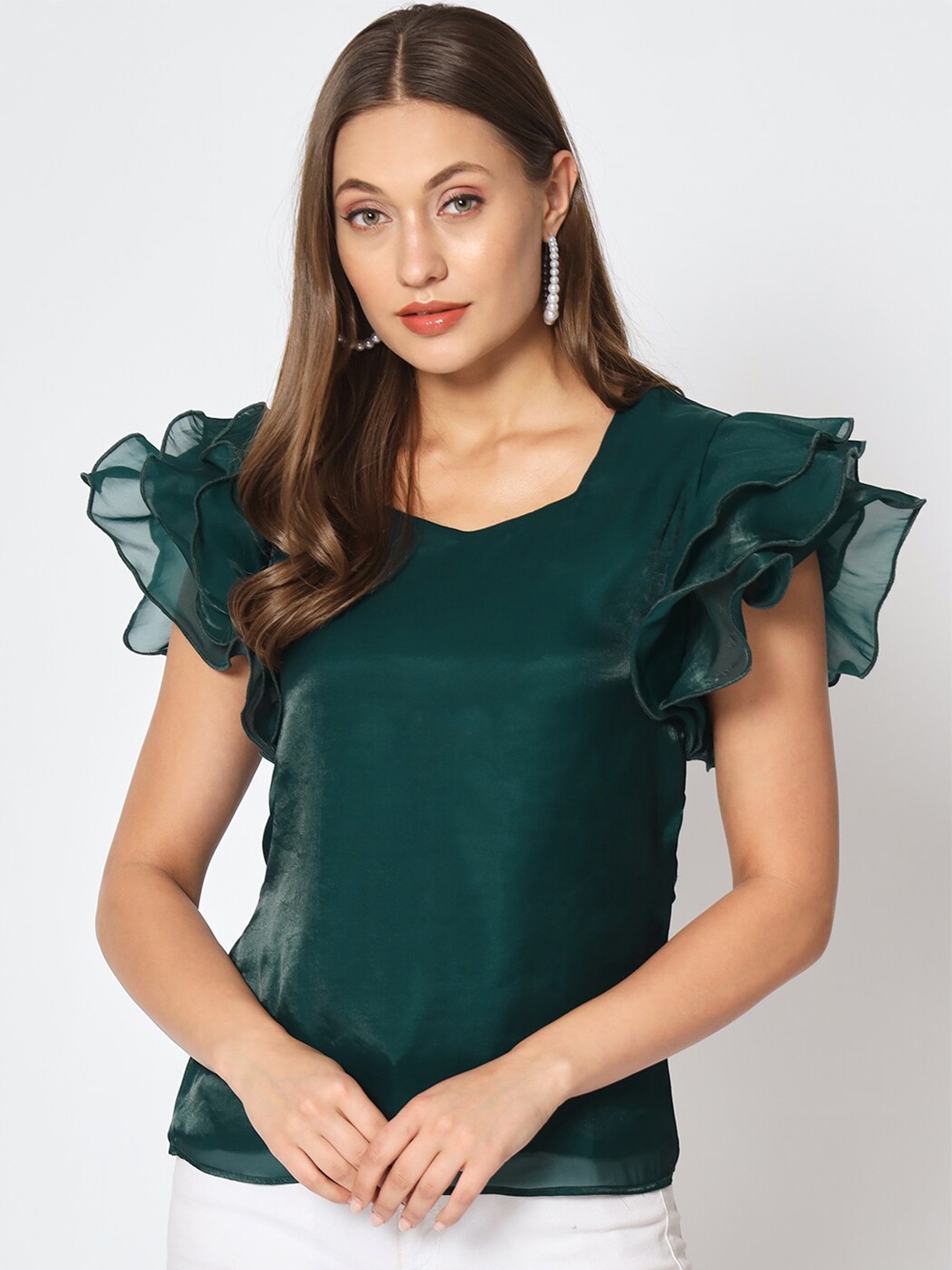 

CHARMGAL V-Neck Flutter Sleeves Top, Green