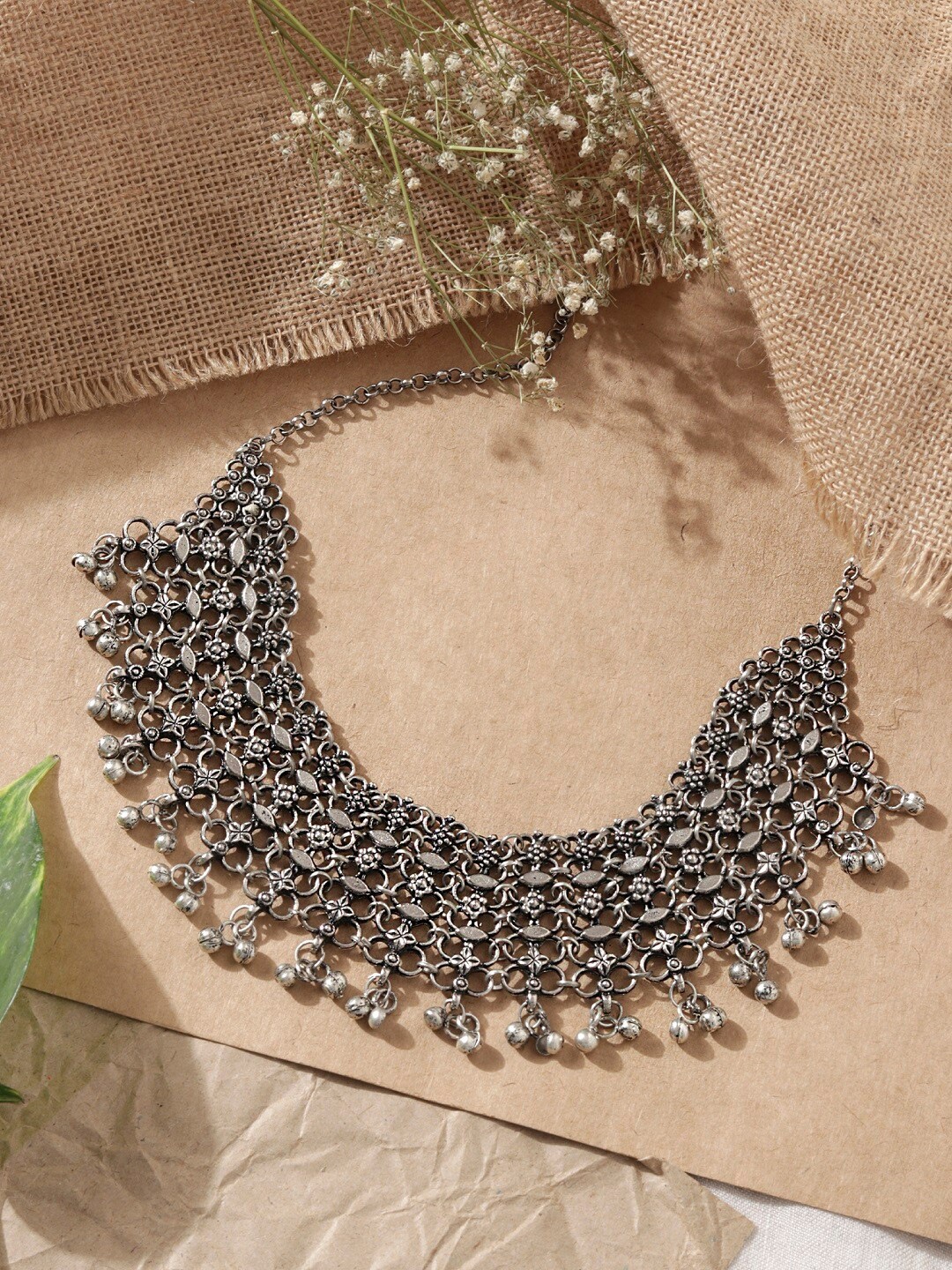 

Fida Silver Plated Oxidised Stone Studded Choker Necklace