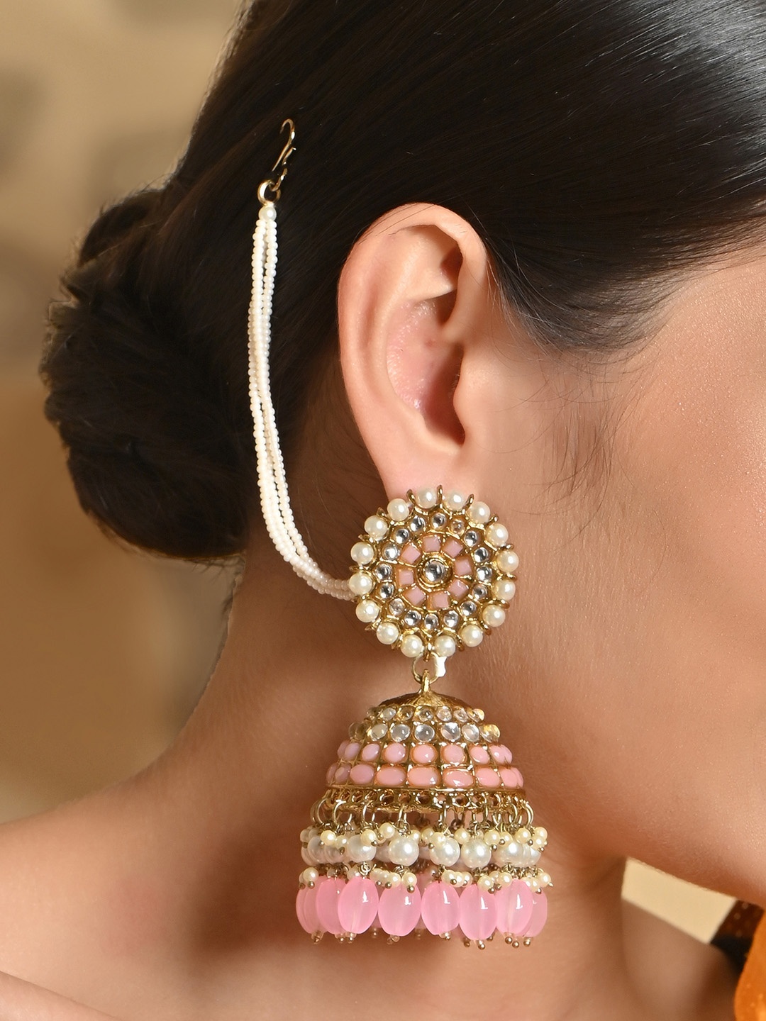 

Fida Gold-Plated Contemporary Kundan Pearl Studded Jhumkas