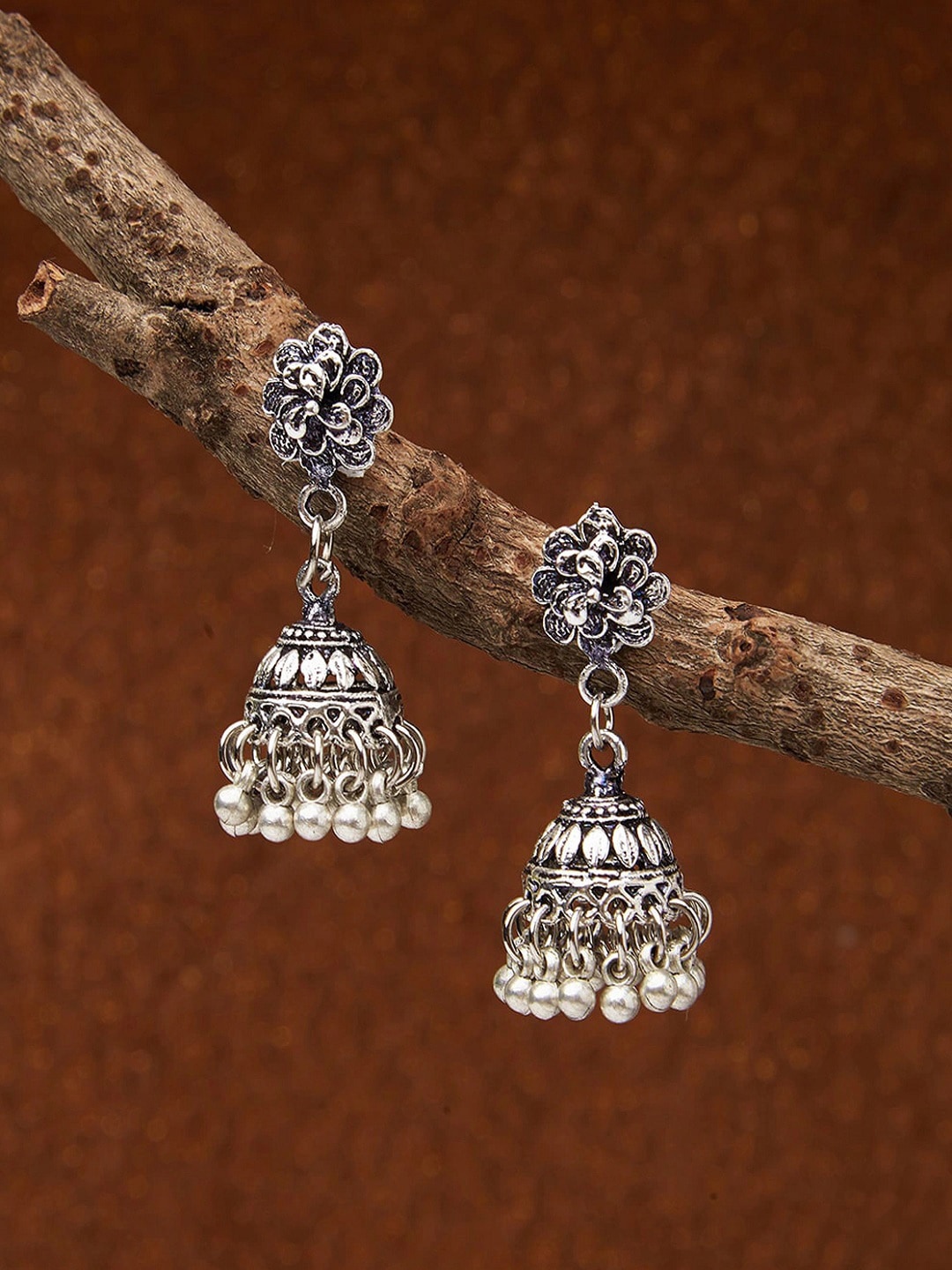 

Fida Silver-Plated Dome Shaped Oxidised Jhumkas