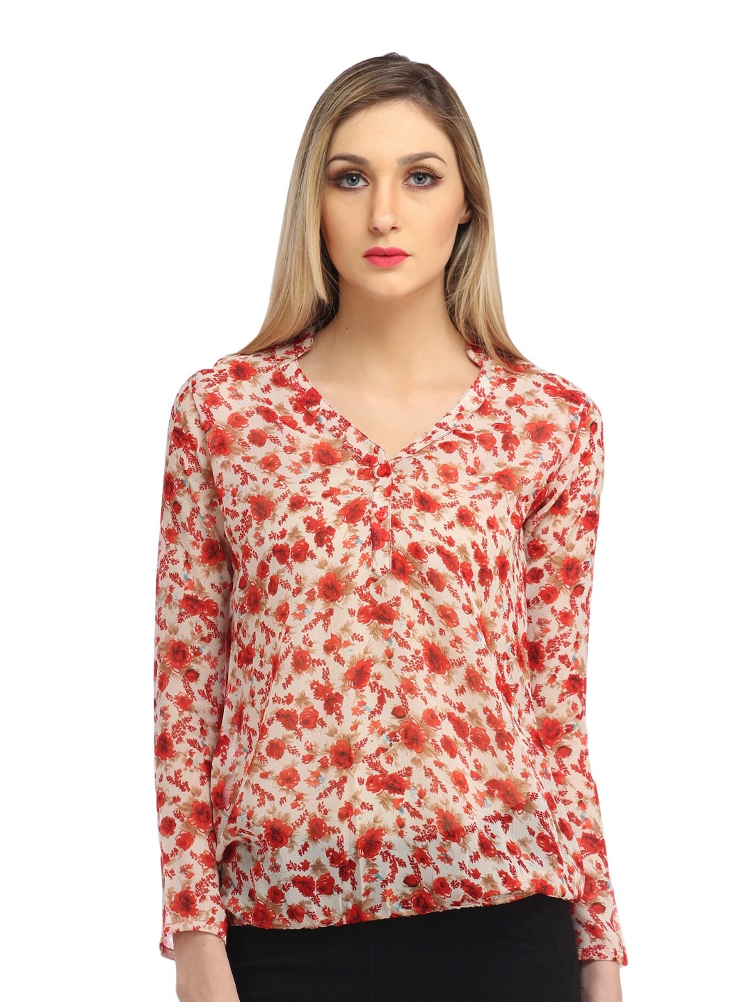 

Cation Orange Floral Printed V-Neck Georgette Top