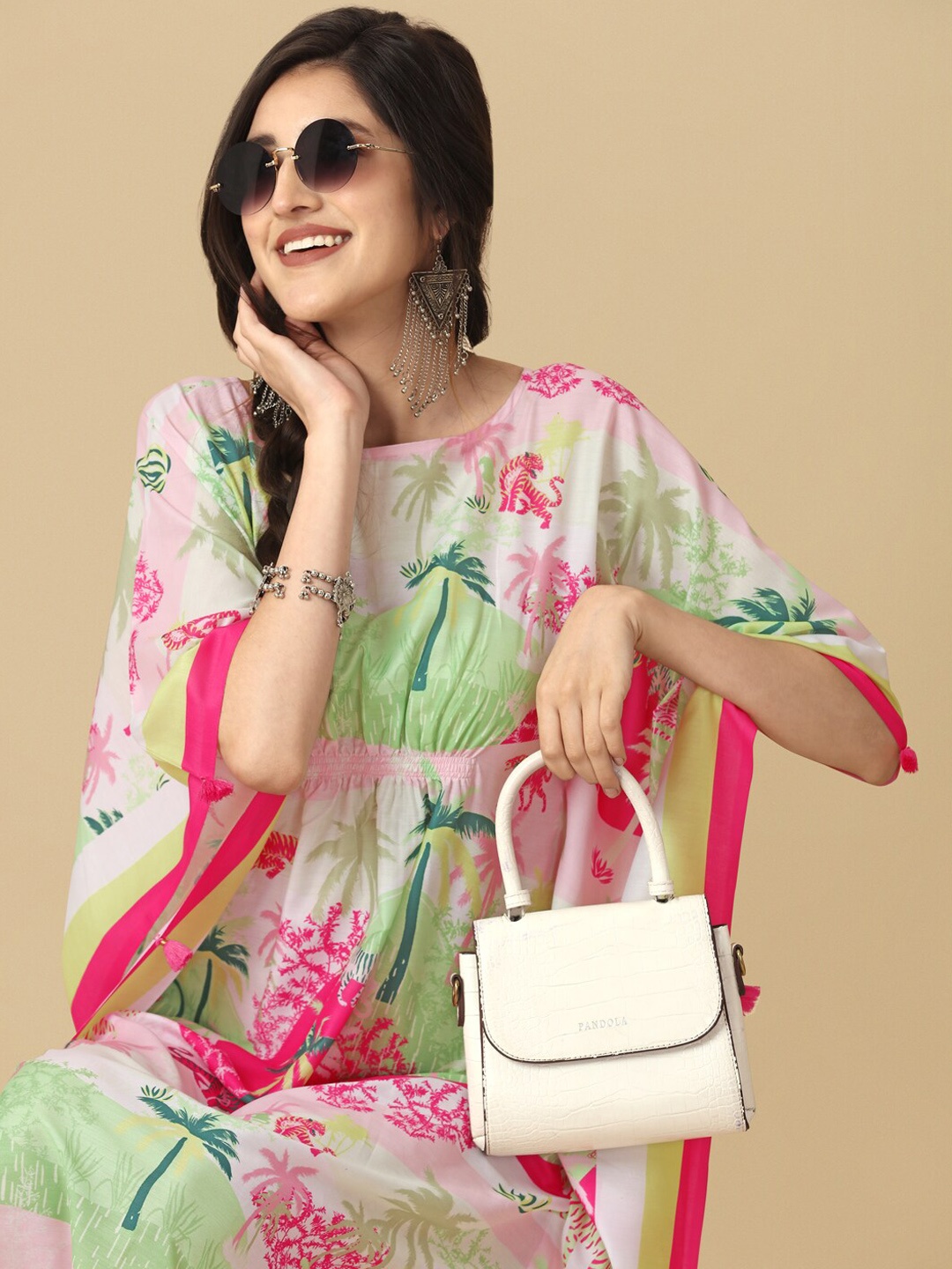

Sangria Pink & Green Tropical Printed Kaftan Kurta With Tassel Details
