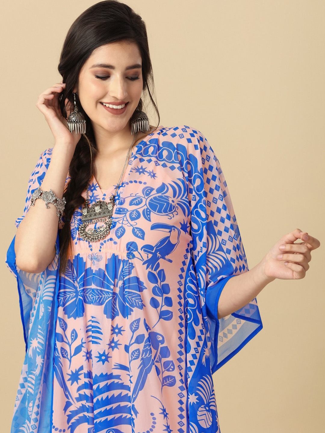 

Sangria Pink & Blue Tropical Printed Kaftan Kurta