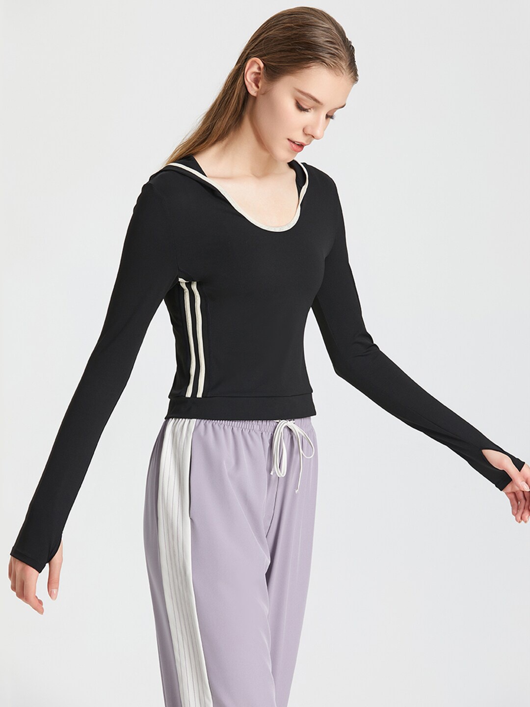 

JC Collection Striped Hooded Sports Crop T-shirt, Black