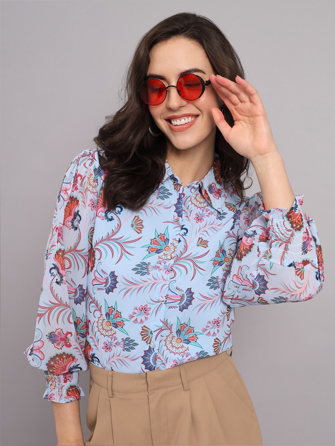 

The Dry State Blue Floral Print Puff Sleeve Georgette Shirt Style Top