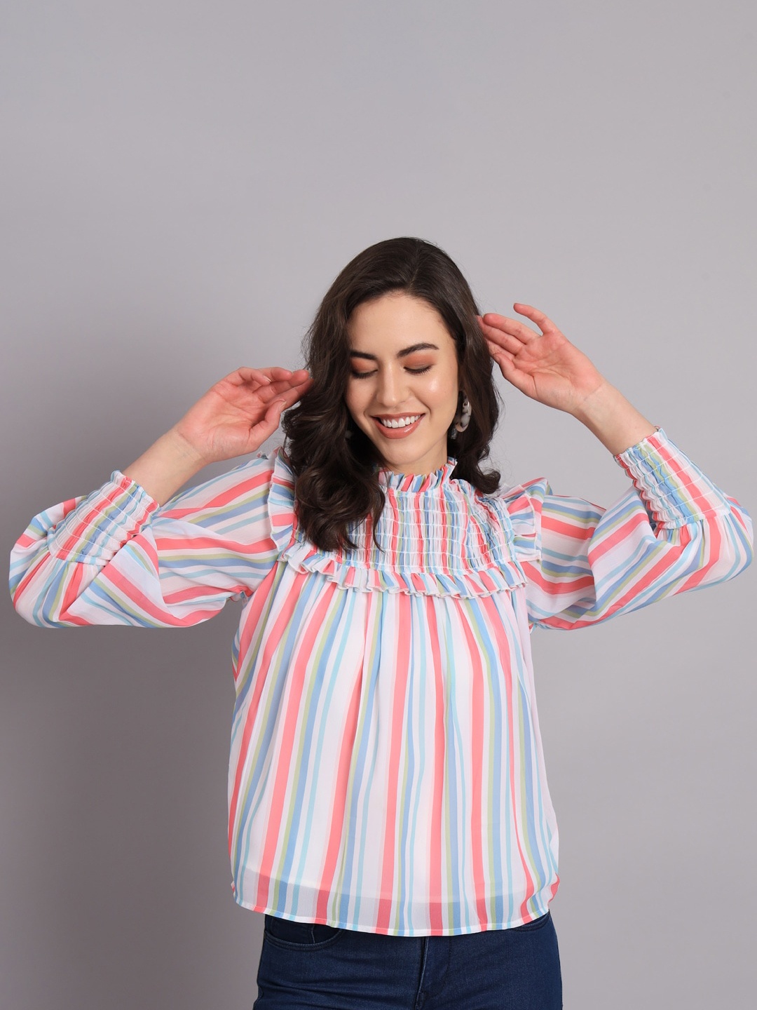 

The Dry State White & Pink Striped Bishop Sleeve Smocked Ruffles Top, Multi