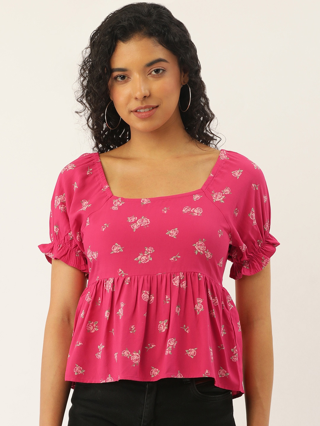 

FOREVER 21 Floral Print Puff Sleeve Empire Top, Pink