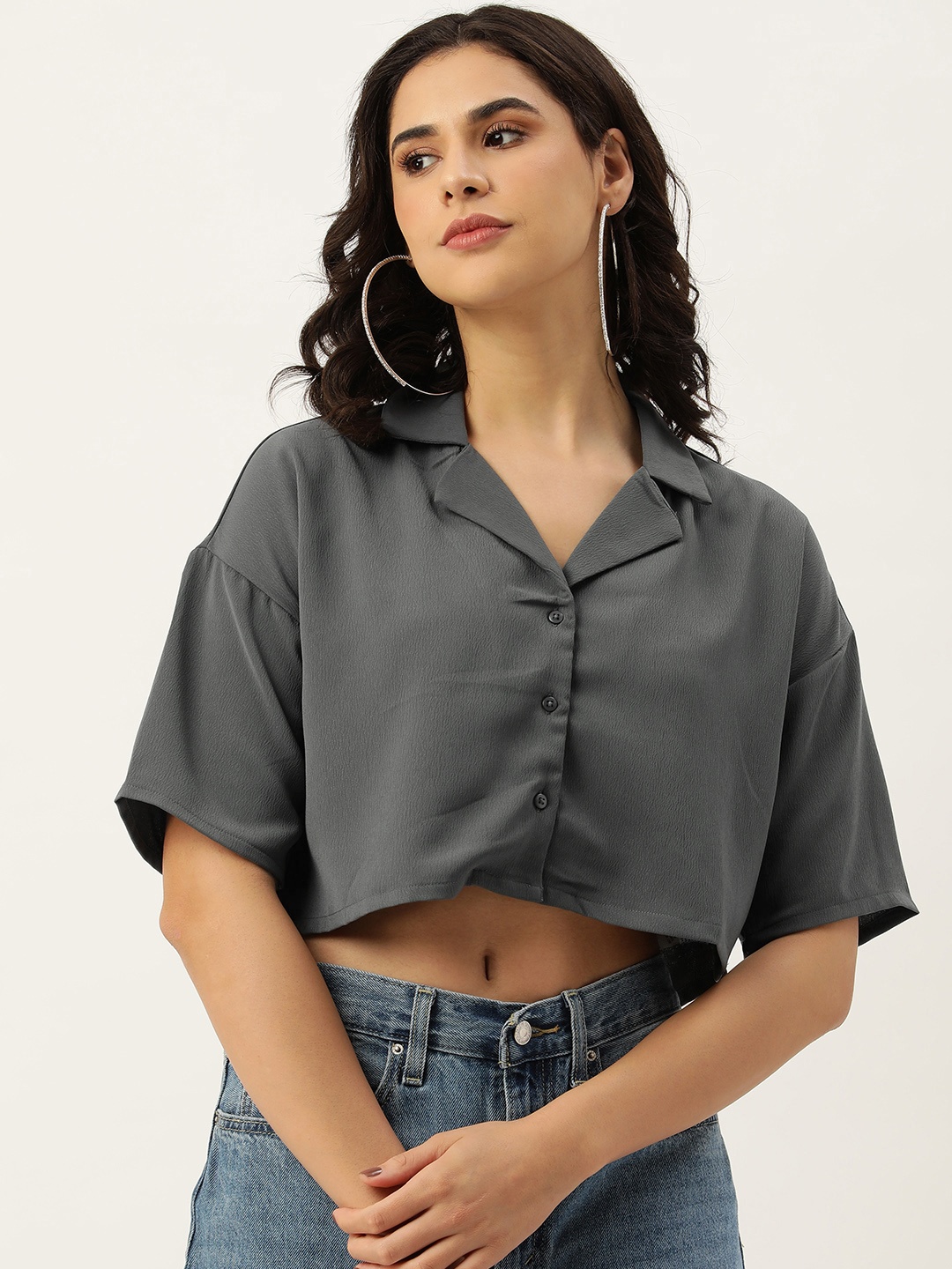 

FOREVER 21 Women Casual Crop Shirt, Grey