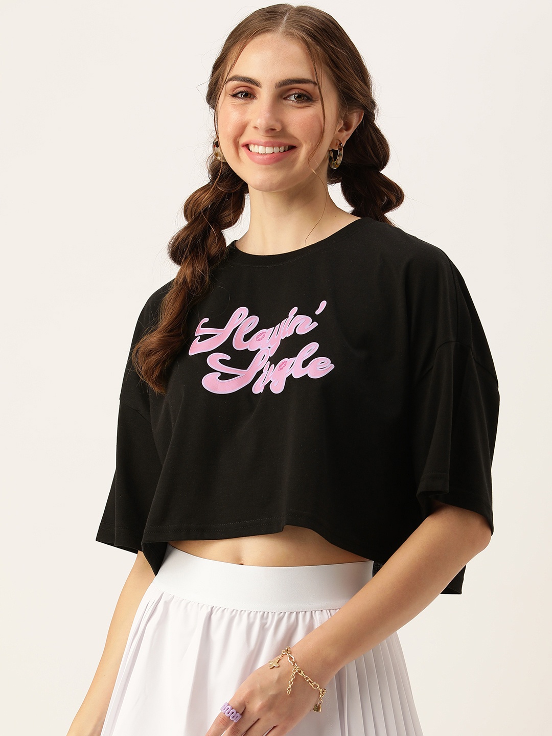 

FOREVER 21 Print Extended Sleeves Crop Top, Black