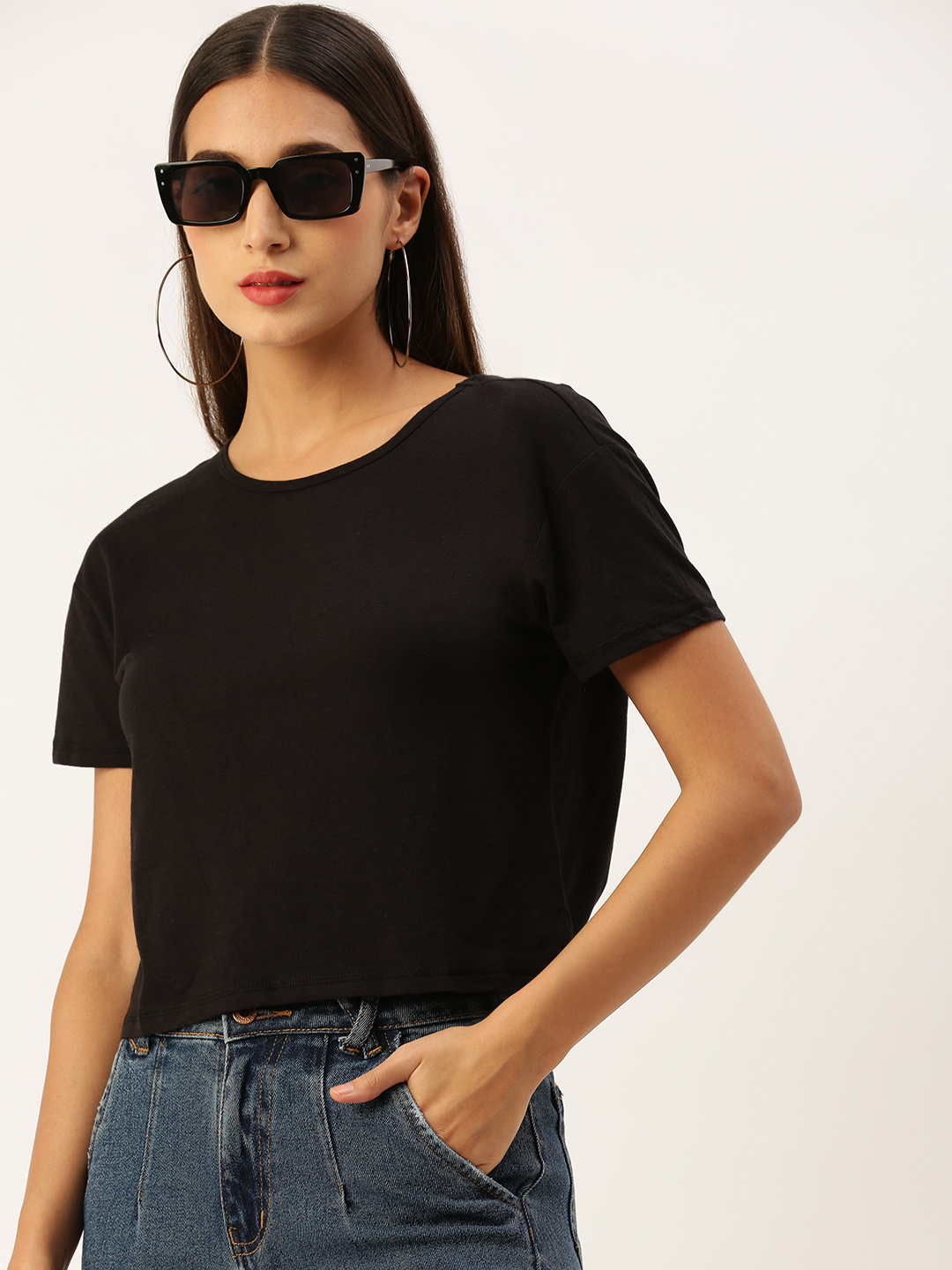 

FOREVER 21 Solid Twisted Cotton Styled Back Top, Black