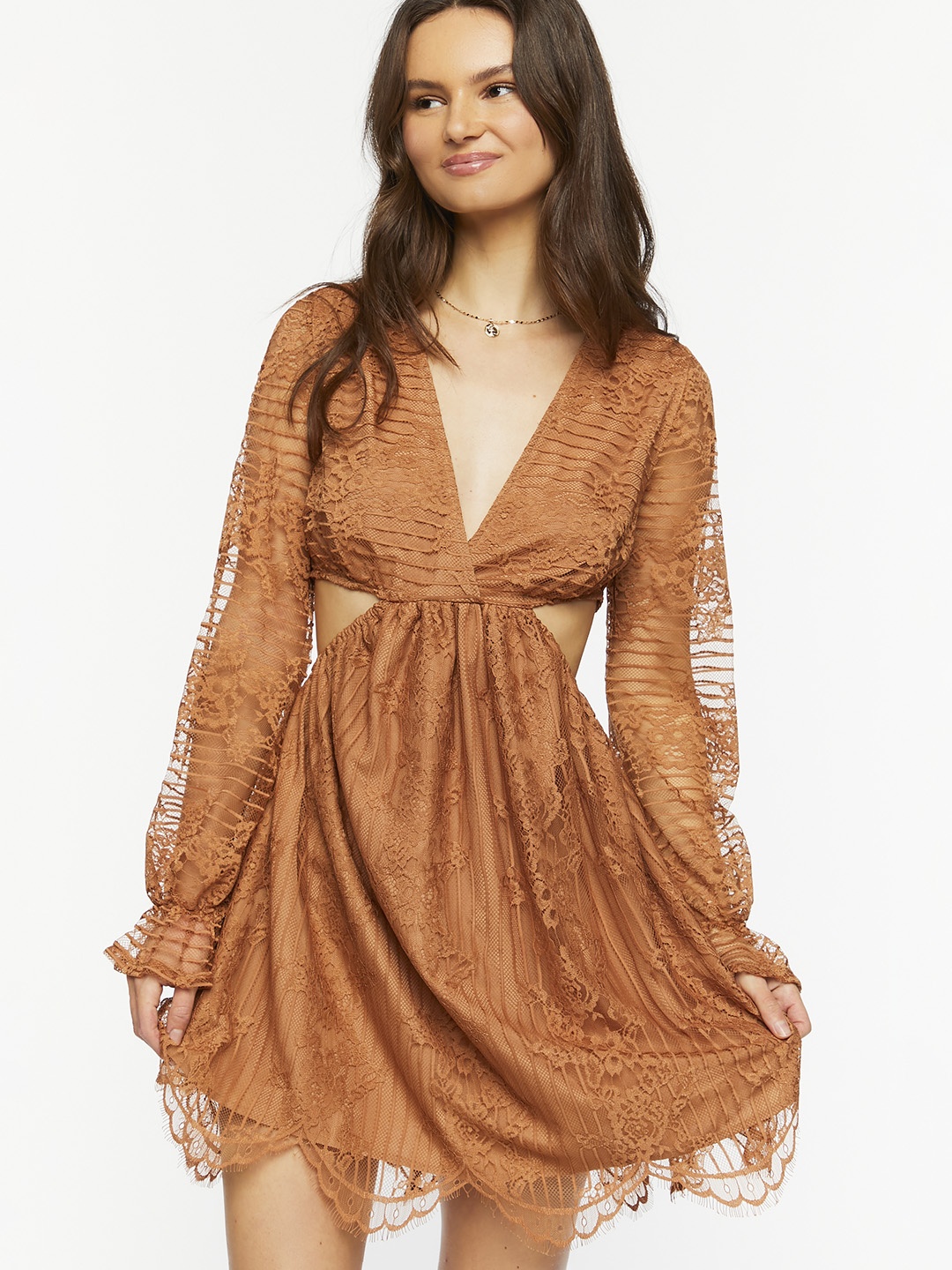 

FOREVER 21 Bell Sleeves Lace Empire Dress, Brown