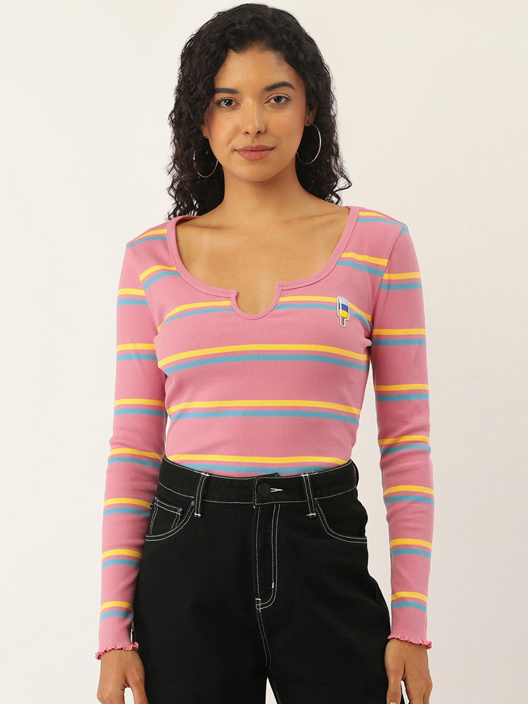 

FOREVER 21 Multi Or Variegated Horizontal Stripes Scoop Neck Raw Edges Applique Top, Pink