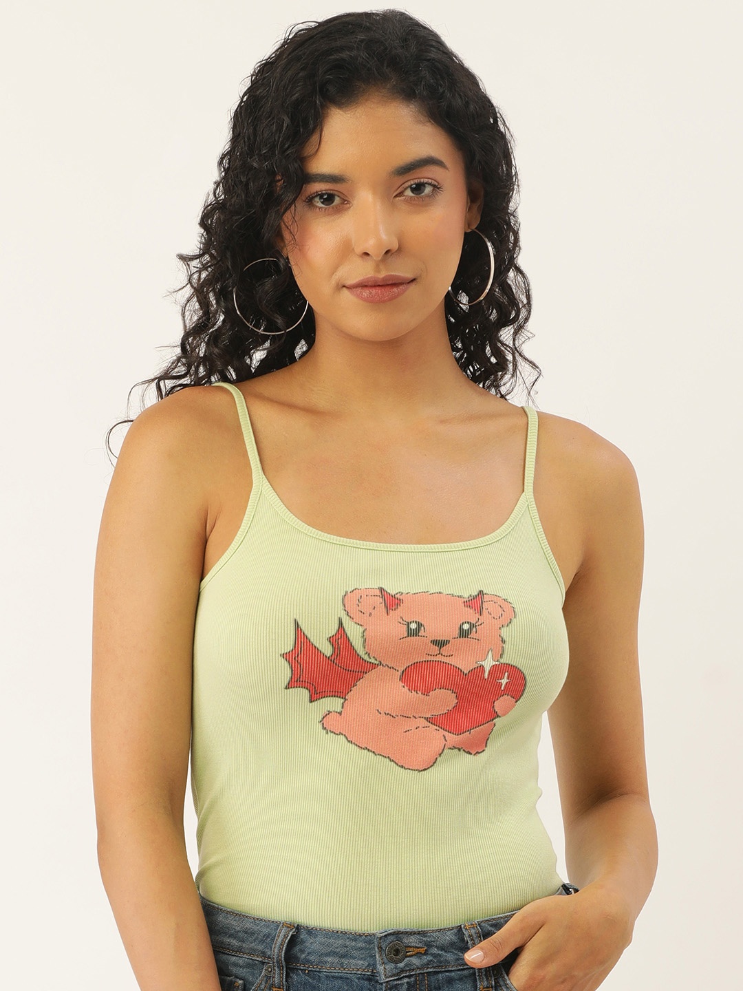 

FOREVER 21 Graphic Printed Ribbed Fitted Top, Green