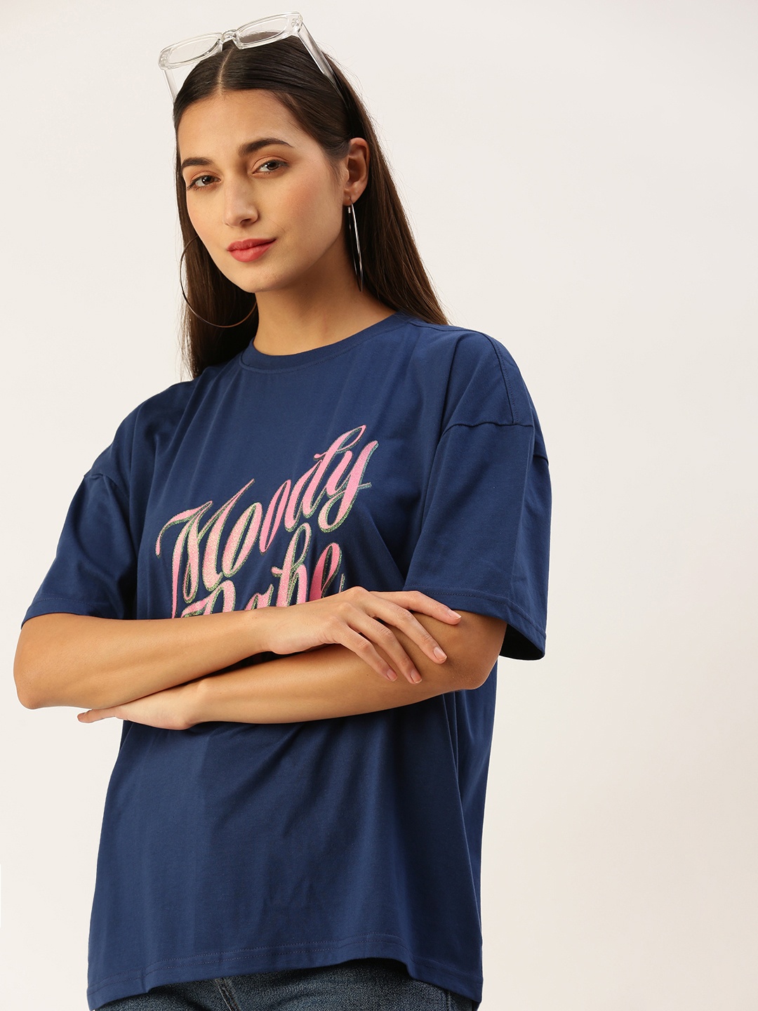 

FOREVER 21 Typography Printed Drop-Shoulder Sleeves T-shirt, Blue