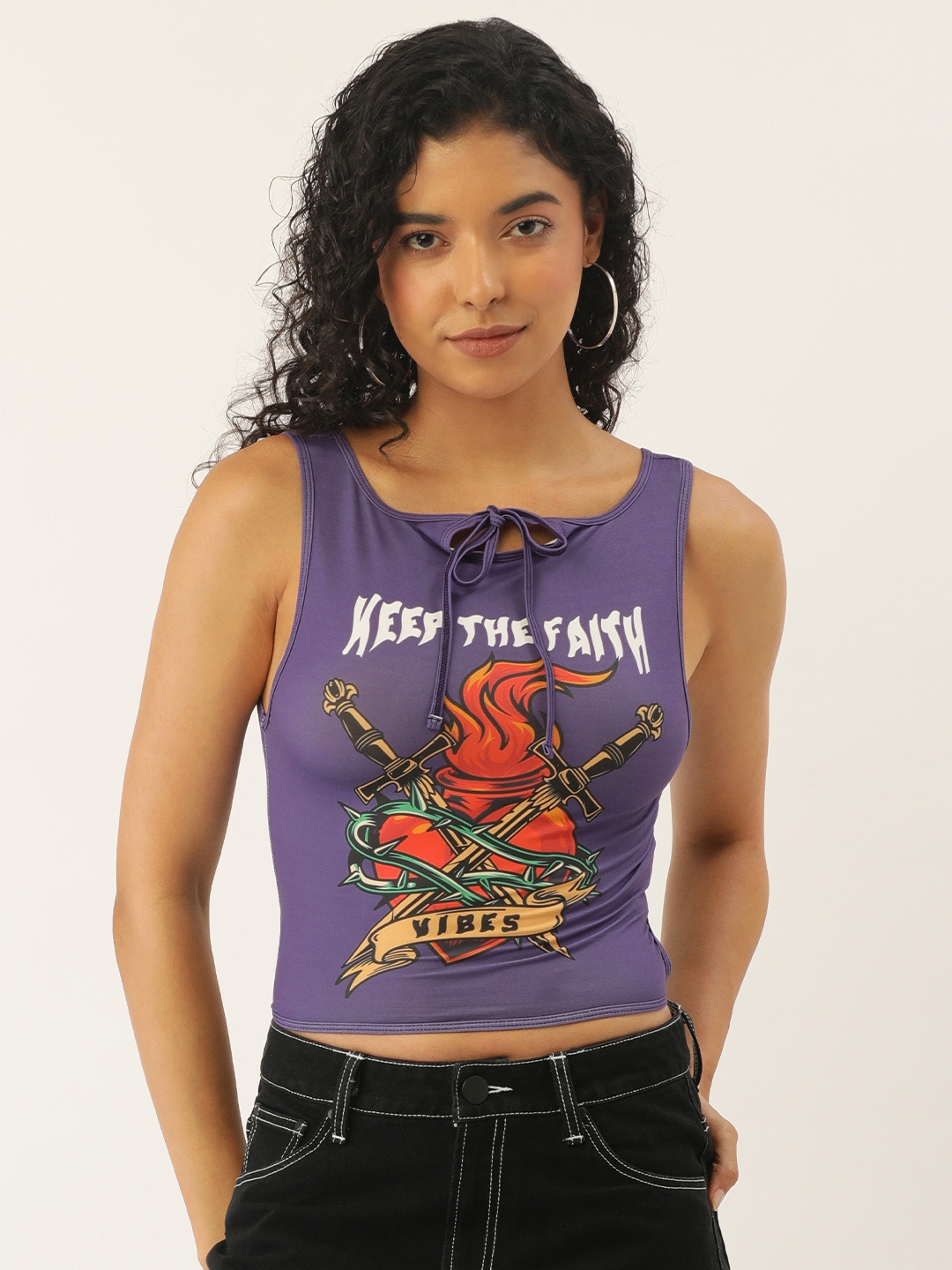 

FOREVER 21 Typography Print Tie-Up Neck Knitted Waist Tie-Ups Tank Crop Top, Purple