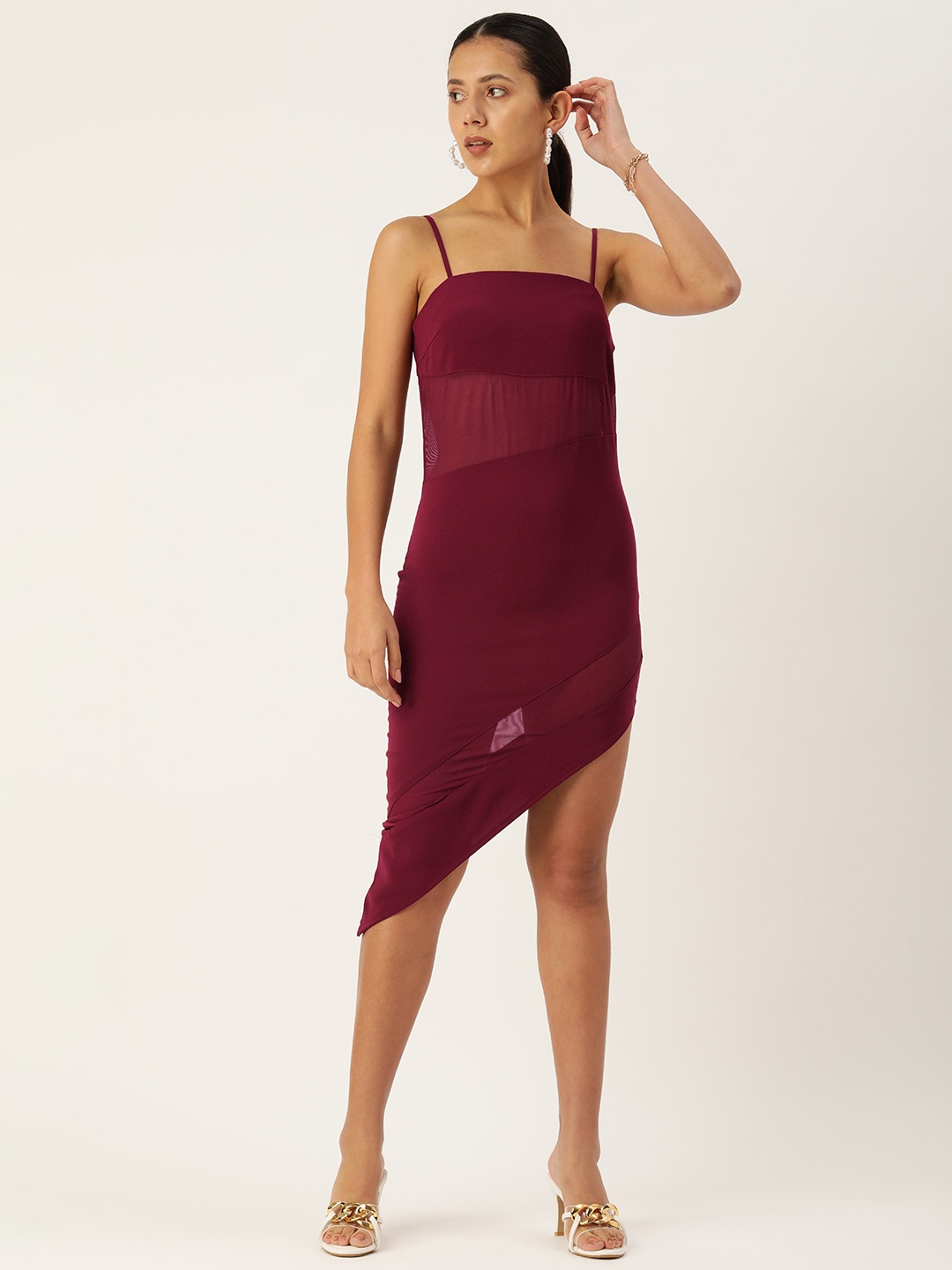 

FOREVER 21 Asymmetric Semi Sheer Bodycon Dress, Maroon