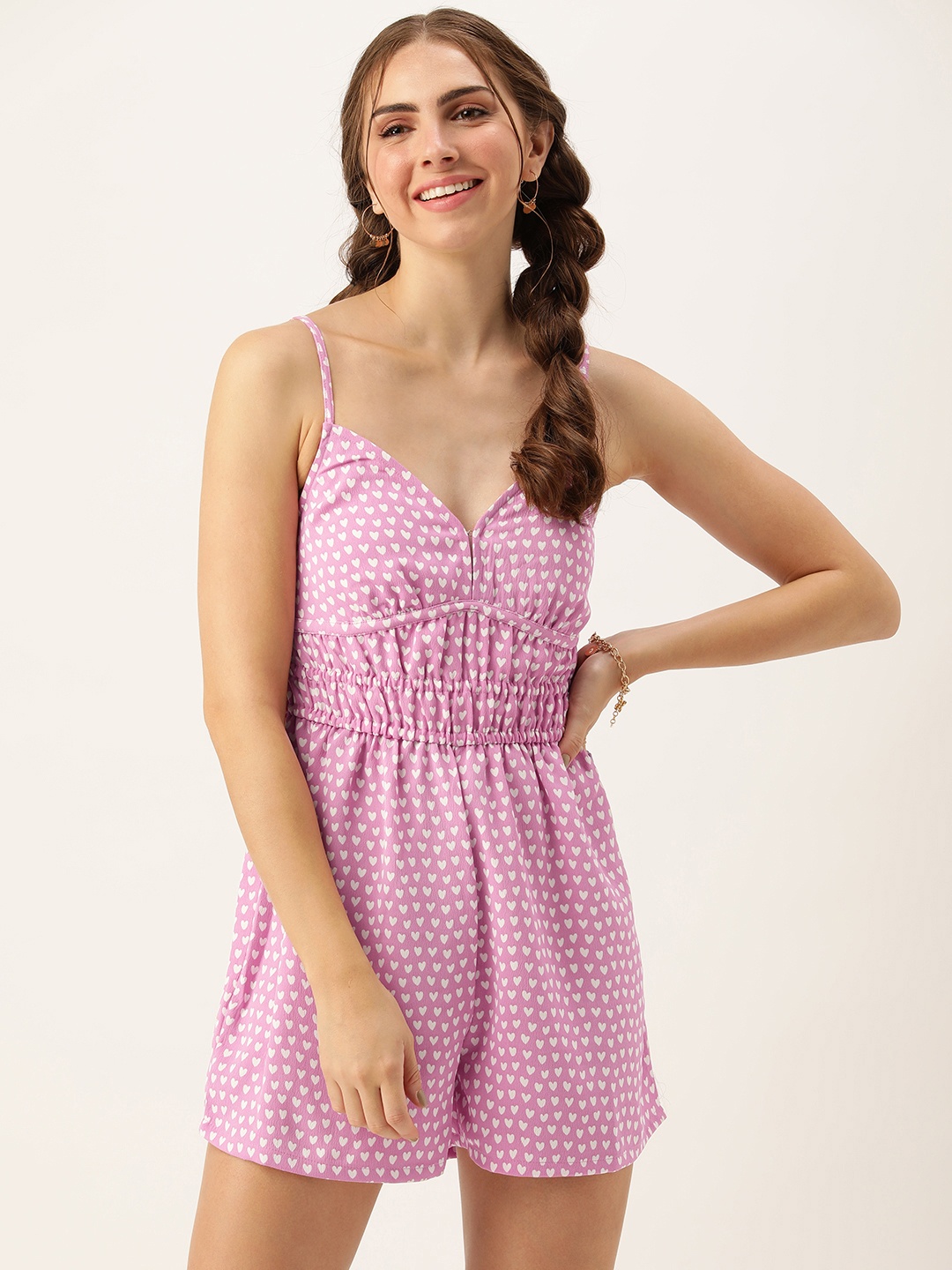 

FOREVER 21 Shoulder Straps Conversational Printed Smocked Detail Playsuit, Pink