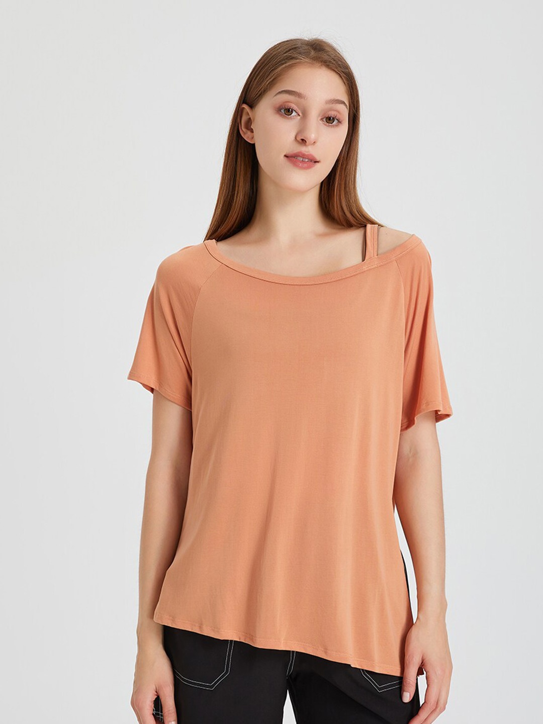 

JC Collection Shoulder Straps Raglan Sleeves Side Slits Top, Orange