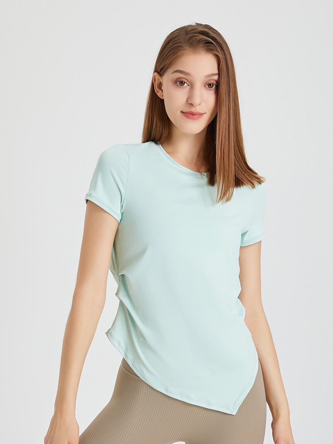 

JC Collection Round Neck Gathers Asymmetrical Hem Fitted Top, Blue