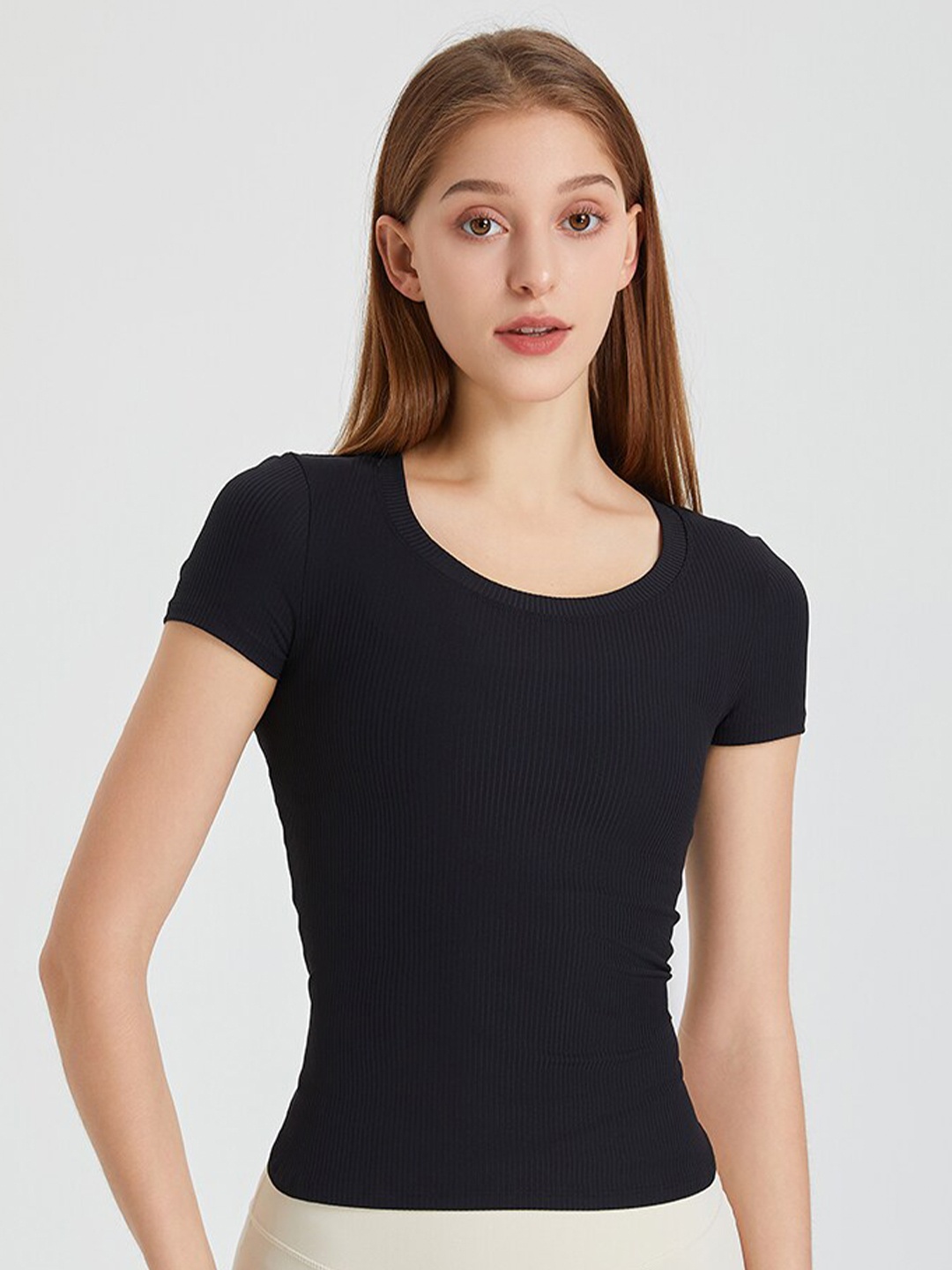 

JC Collection Round Neck Ribbed Styled Back Top, Black